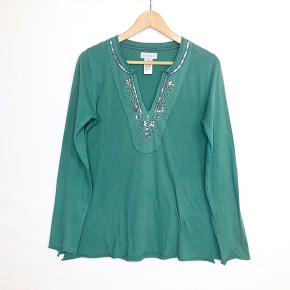 Jigsaw Tops - Jigsaw green, long sleeve, V-neck embellish T-shirt